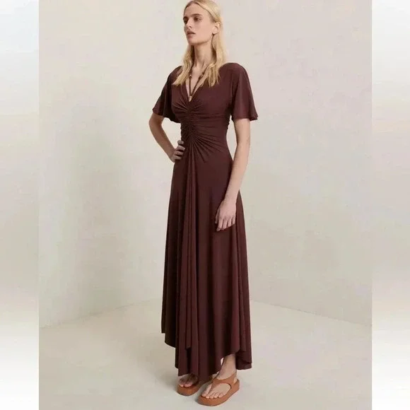 NWT A.L.C. Size XS Bitter Chocolate Brown Nina Beaded tie neck maxi - Picture 2 of 7